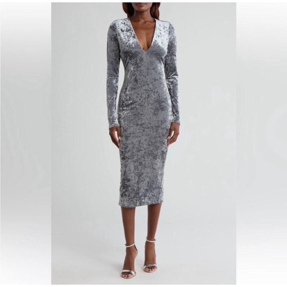 Good American Gray Silver Crushed Velvet Long Sleeve Midi Dress| L